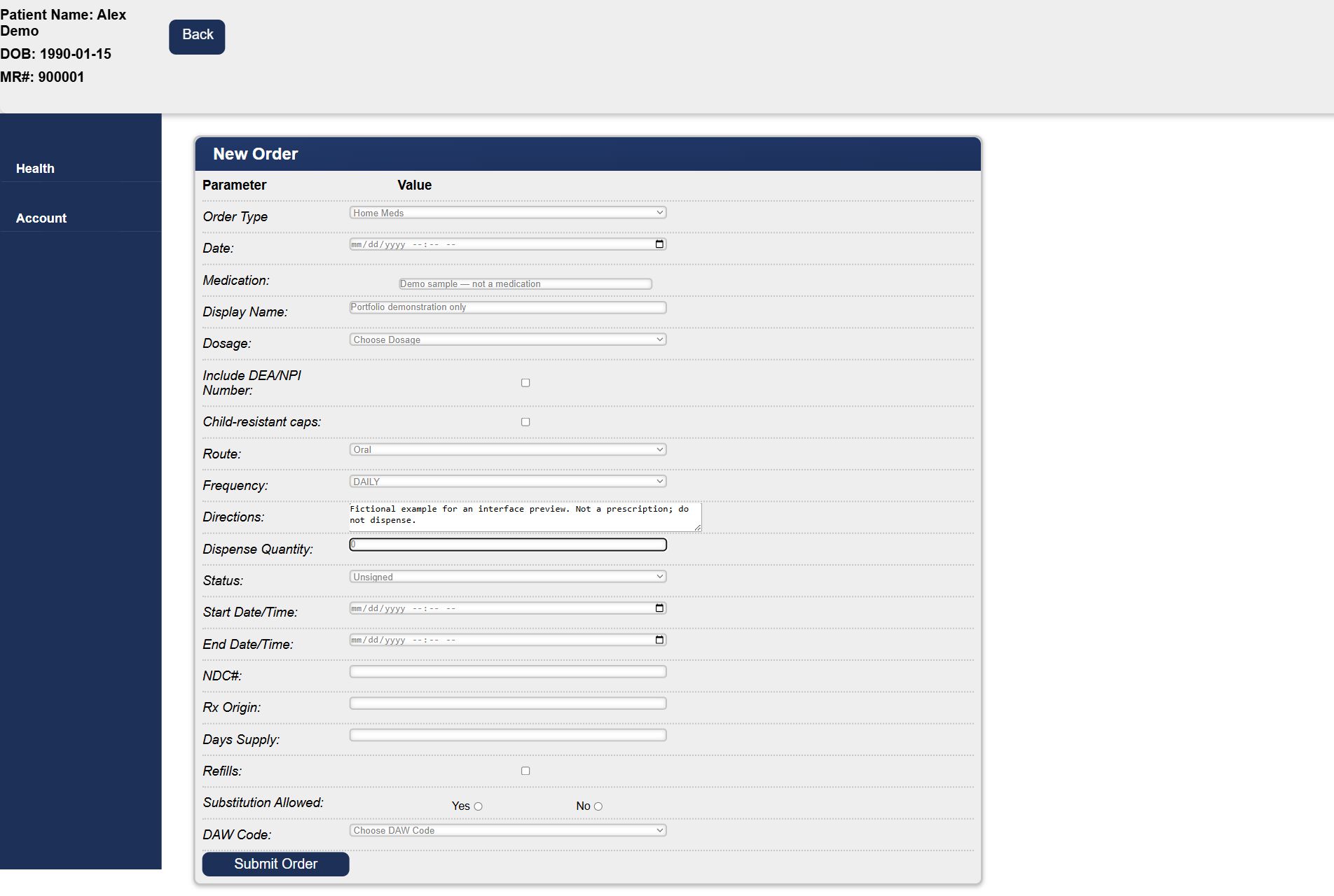 Order-entry form partially filled with an explicitly fictional portfolio example and unsigned status.